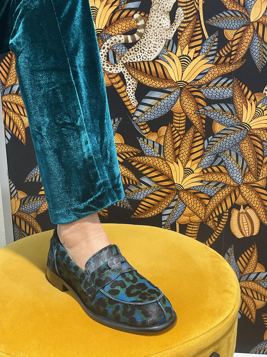 Mocassins léopard bleu/vert